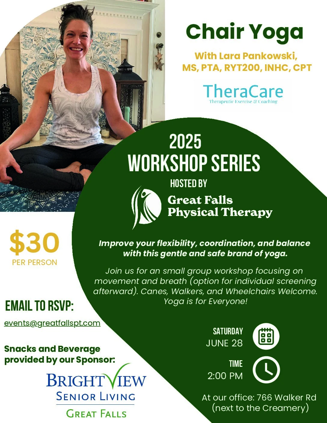 Flyer for Chair Yoga with TheraCare sponsored by Brightview Senior Living