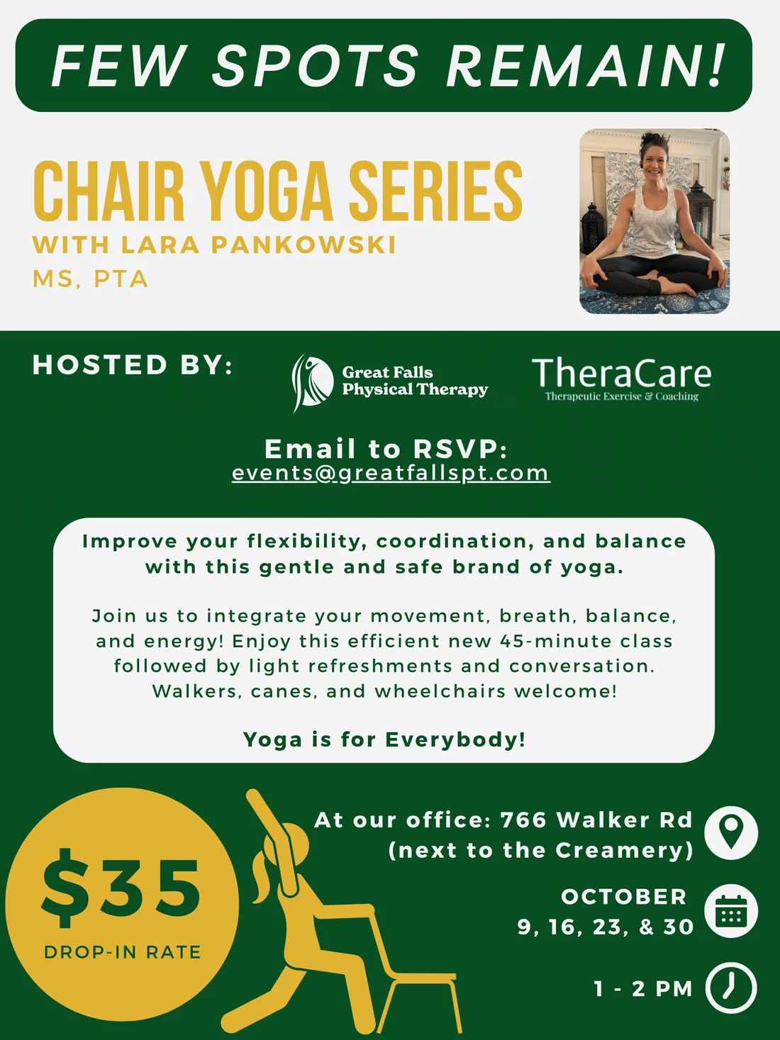 Flyer for Chair Yoga Series with TheraCare and GFPT