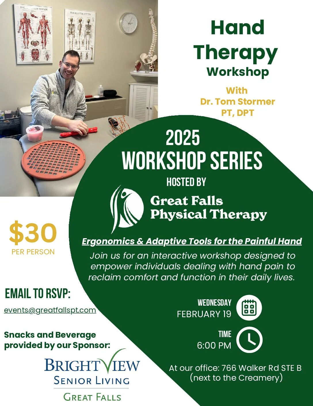 Flyer for Hand Therapy Workshop on ergonomics and adaptive tools for the painful hand