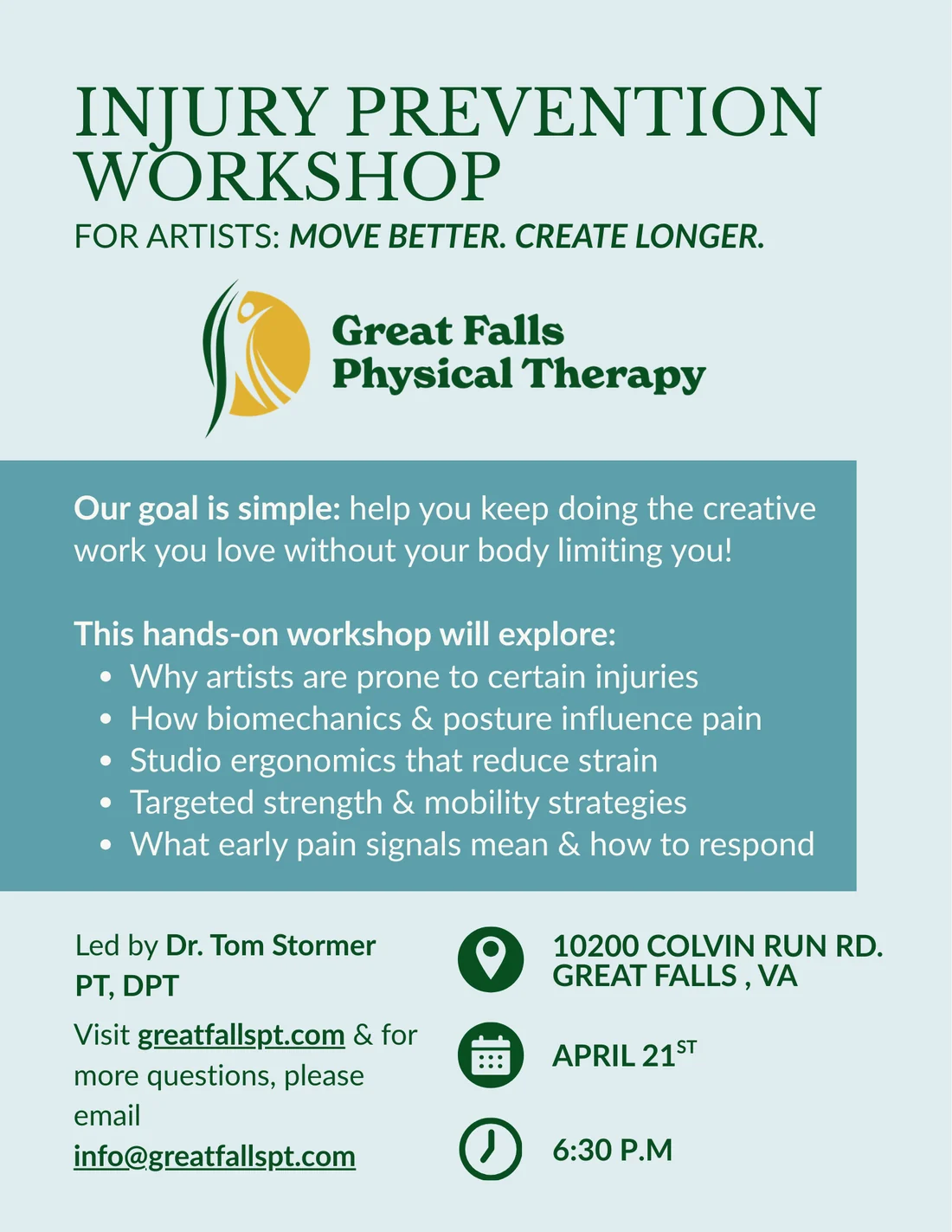 Flyer for Great Falls Physical Therapy Injury Prevention Workshop