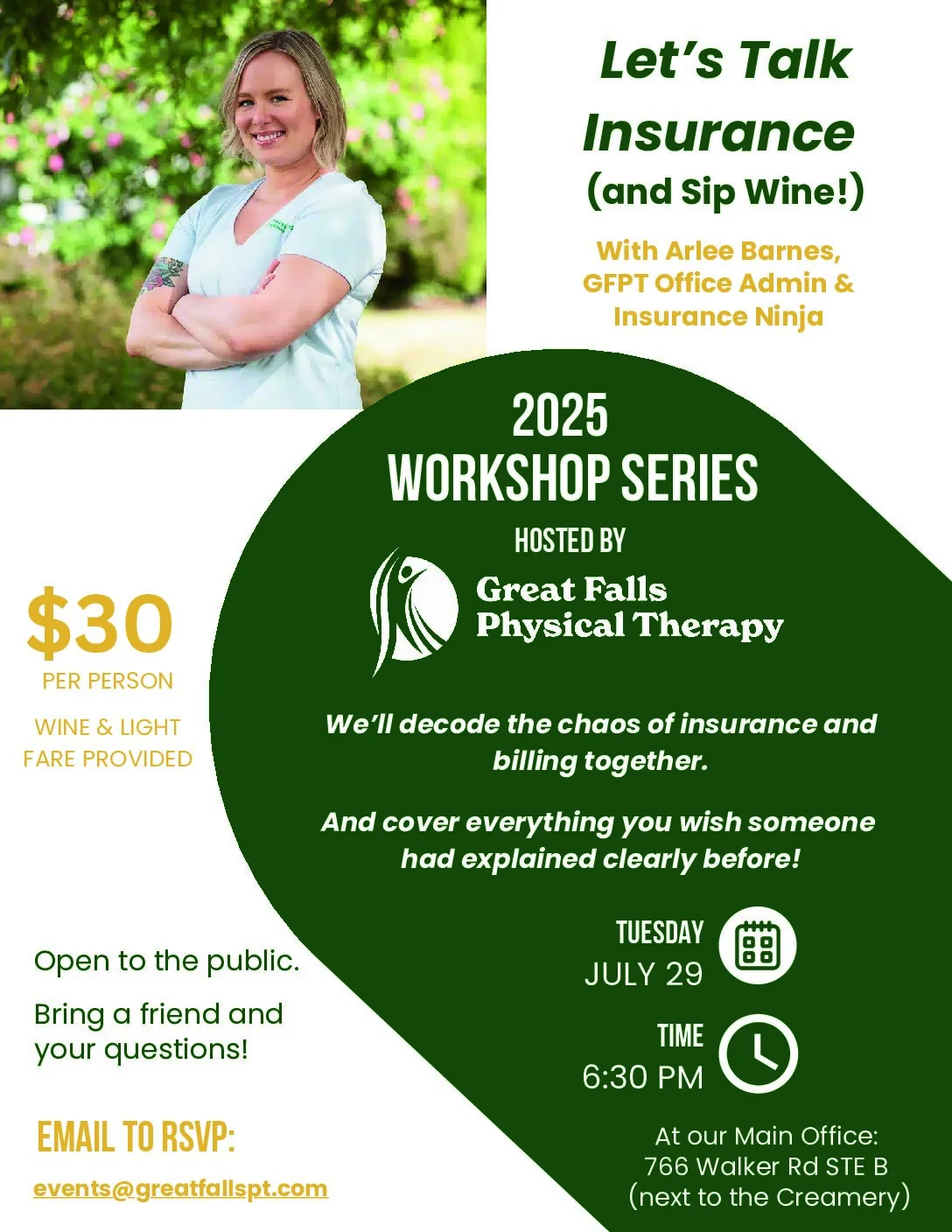 Flyer for Let’s Talk Insurance and Sip Wine with Arlee Barnes of GFPT