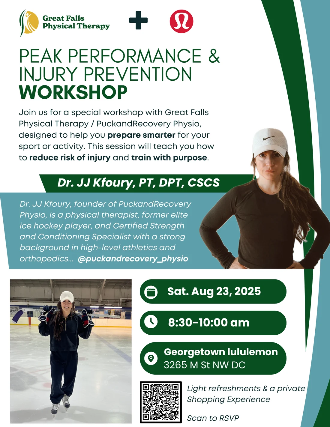 Flyer for Peak Performance and Injury Prevention Workshop at Lululemon Georgetown