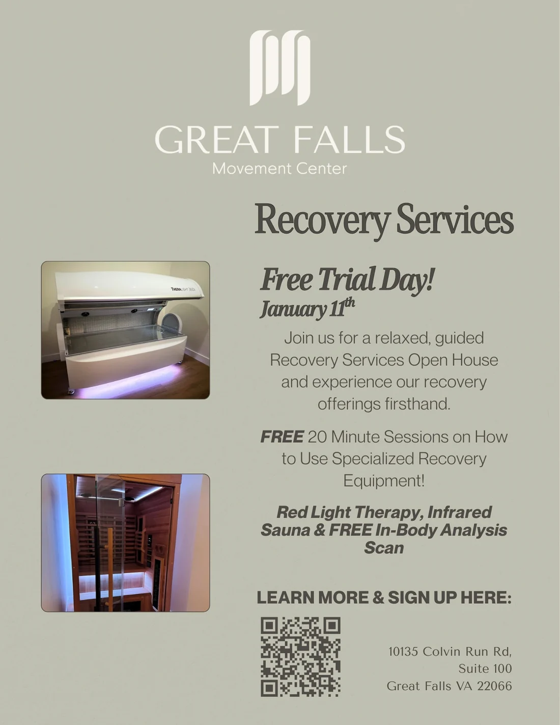 Flyer for Great Falls Movement Center Recovery Services Free Trial Day