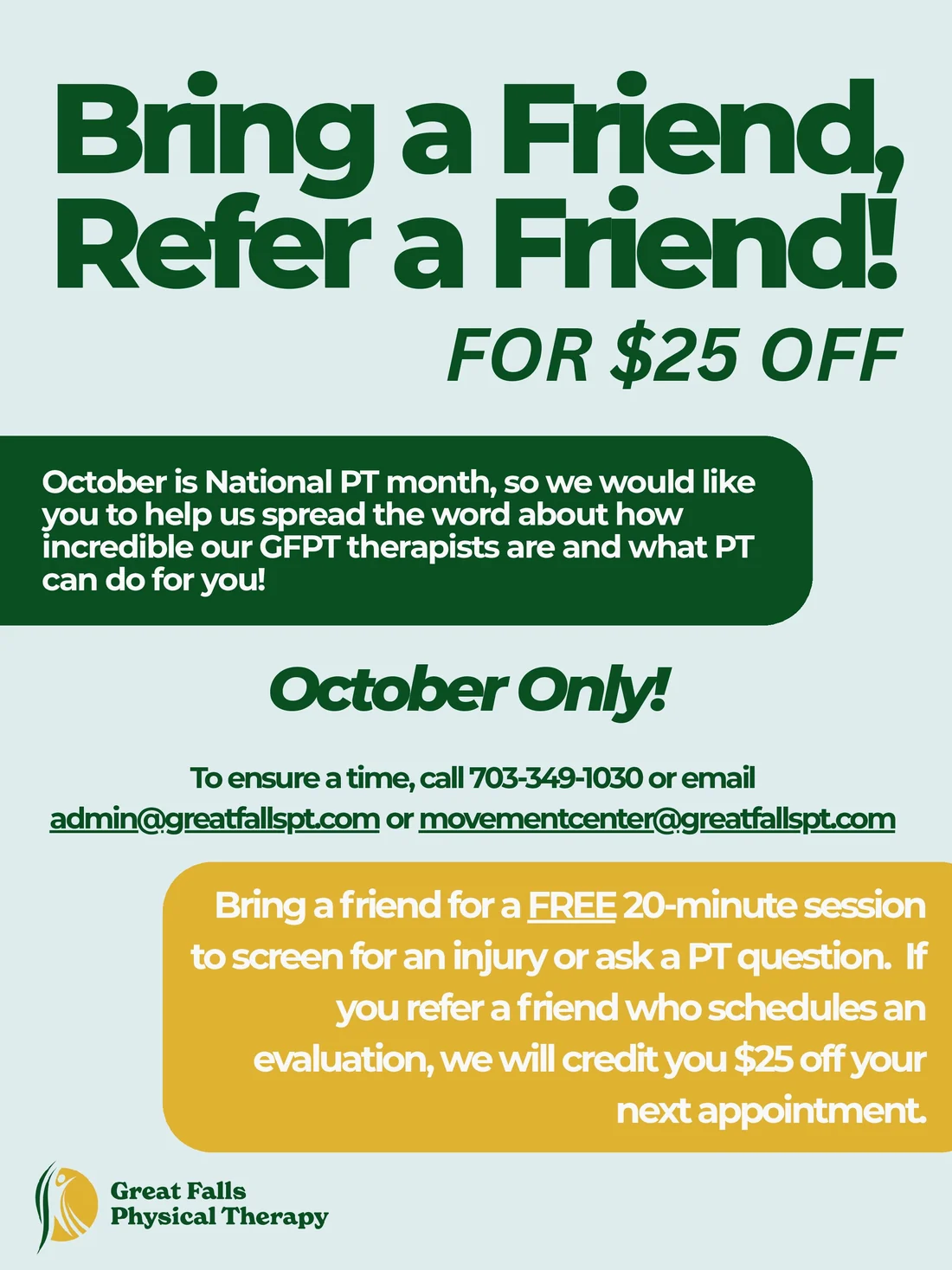 Flyer for GFPT Bring a Friend and Refer a Friend event