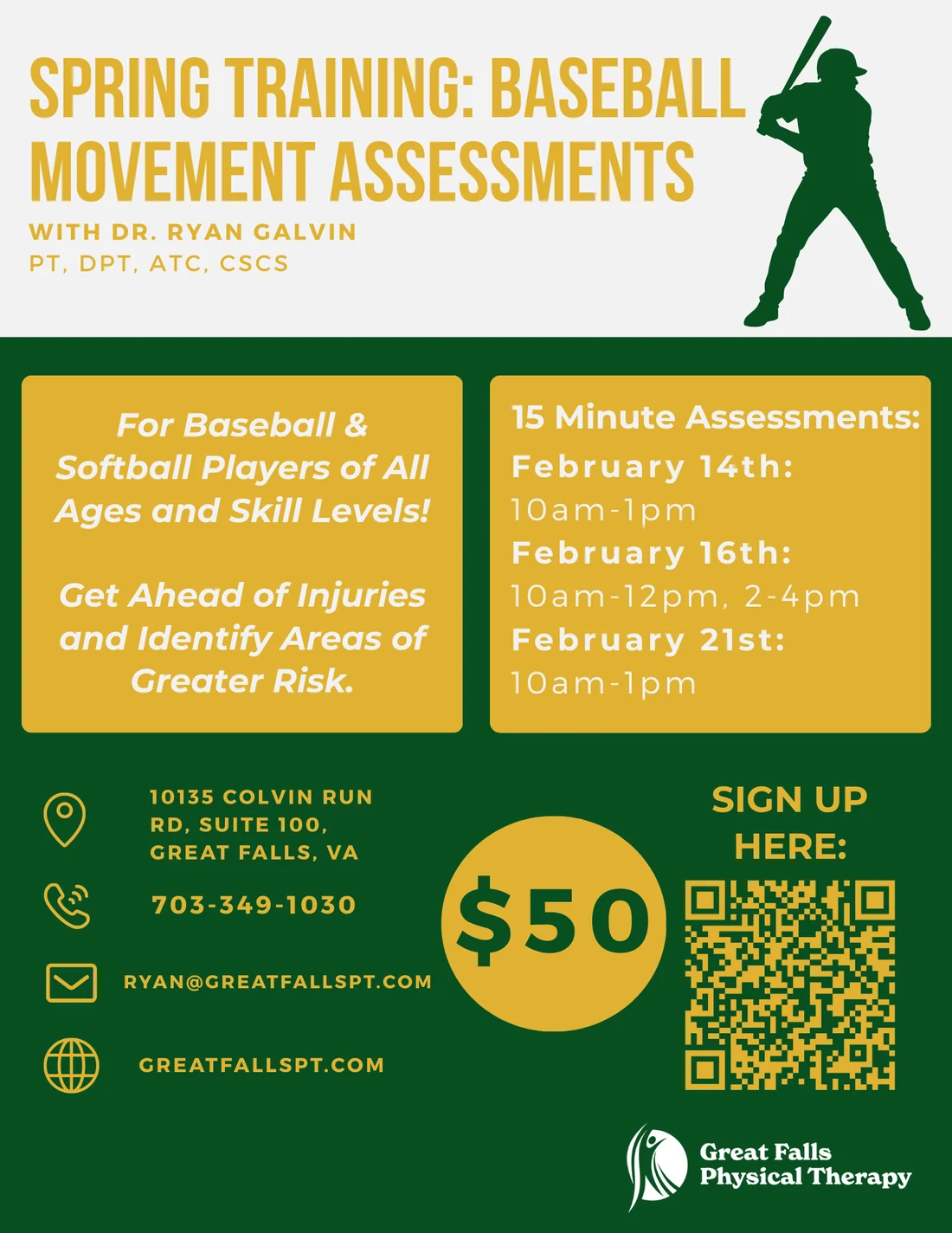Flyer for GFPT Spring Training Baseball Movement Assessments