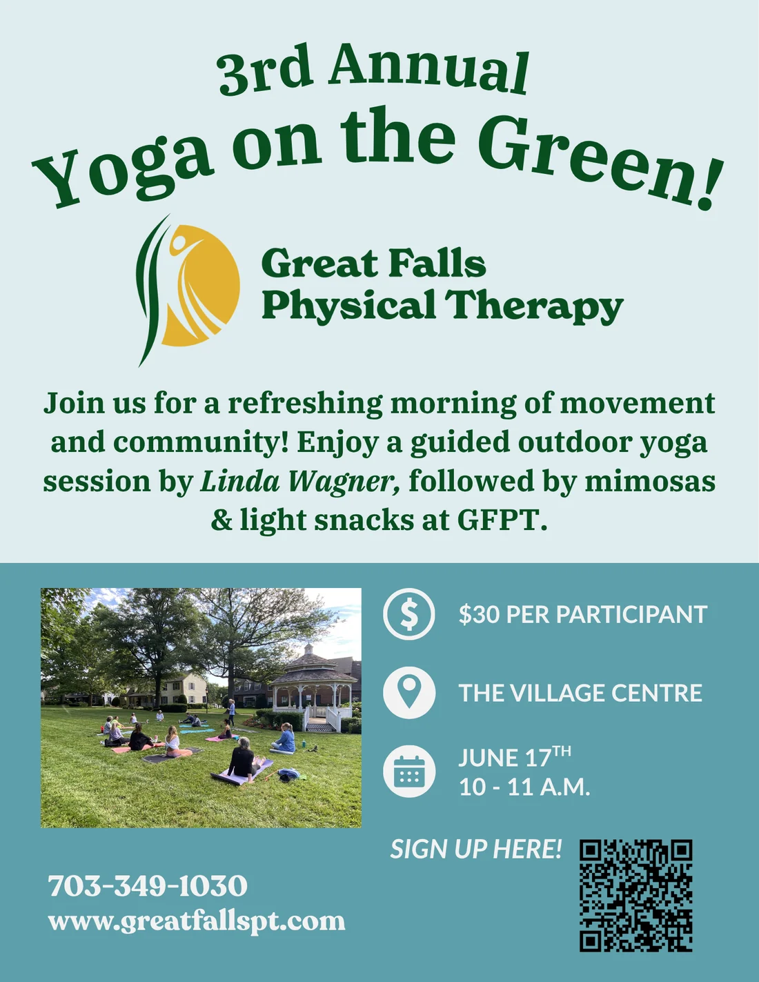 Flyer for GFPT 3rd Annual Yoga on the Green with Linda Wagner