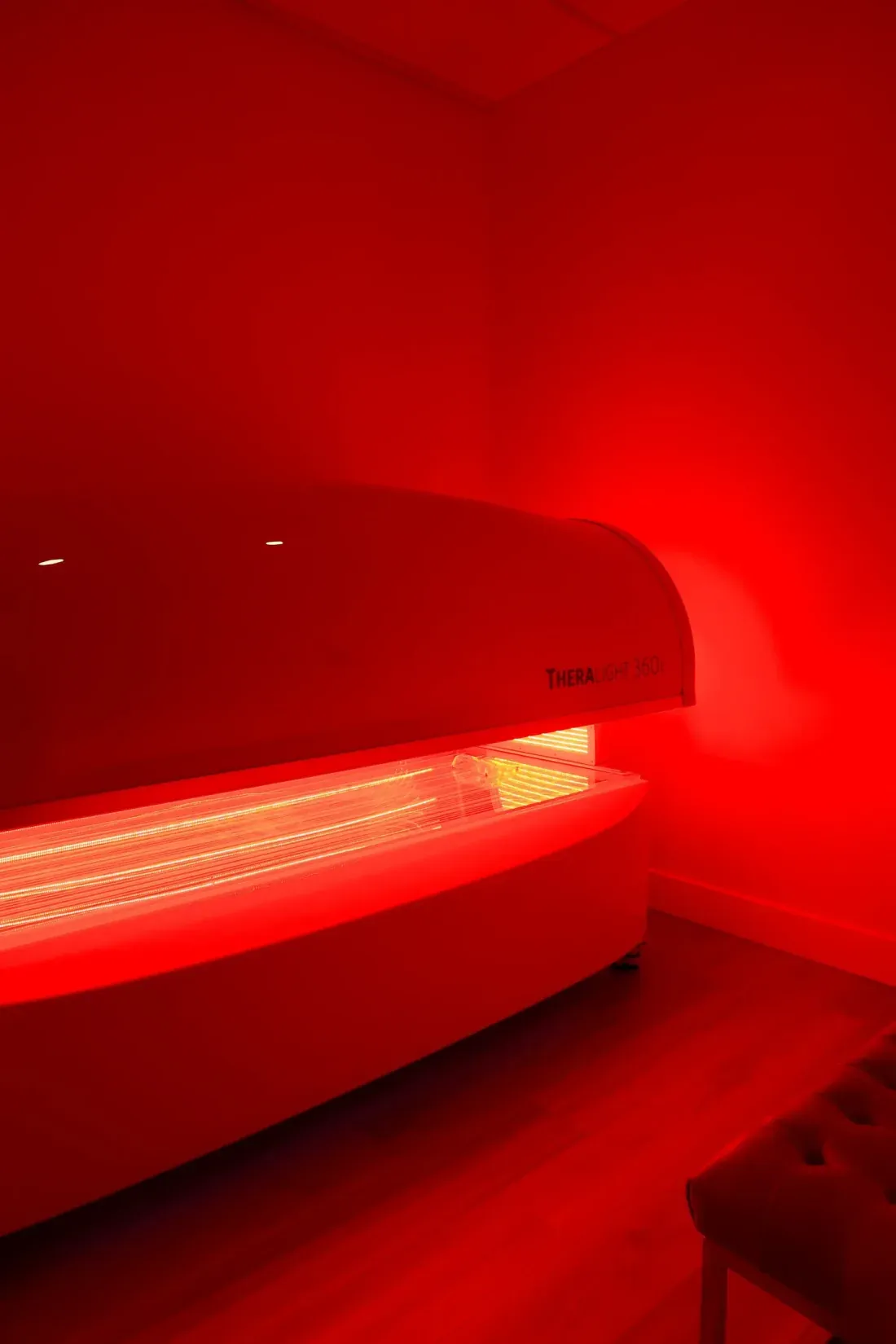 Red light therapy bed in session